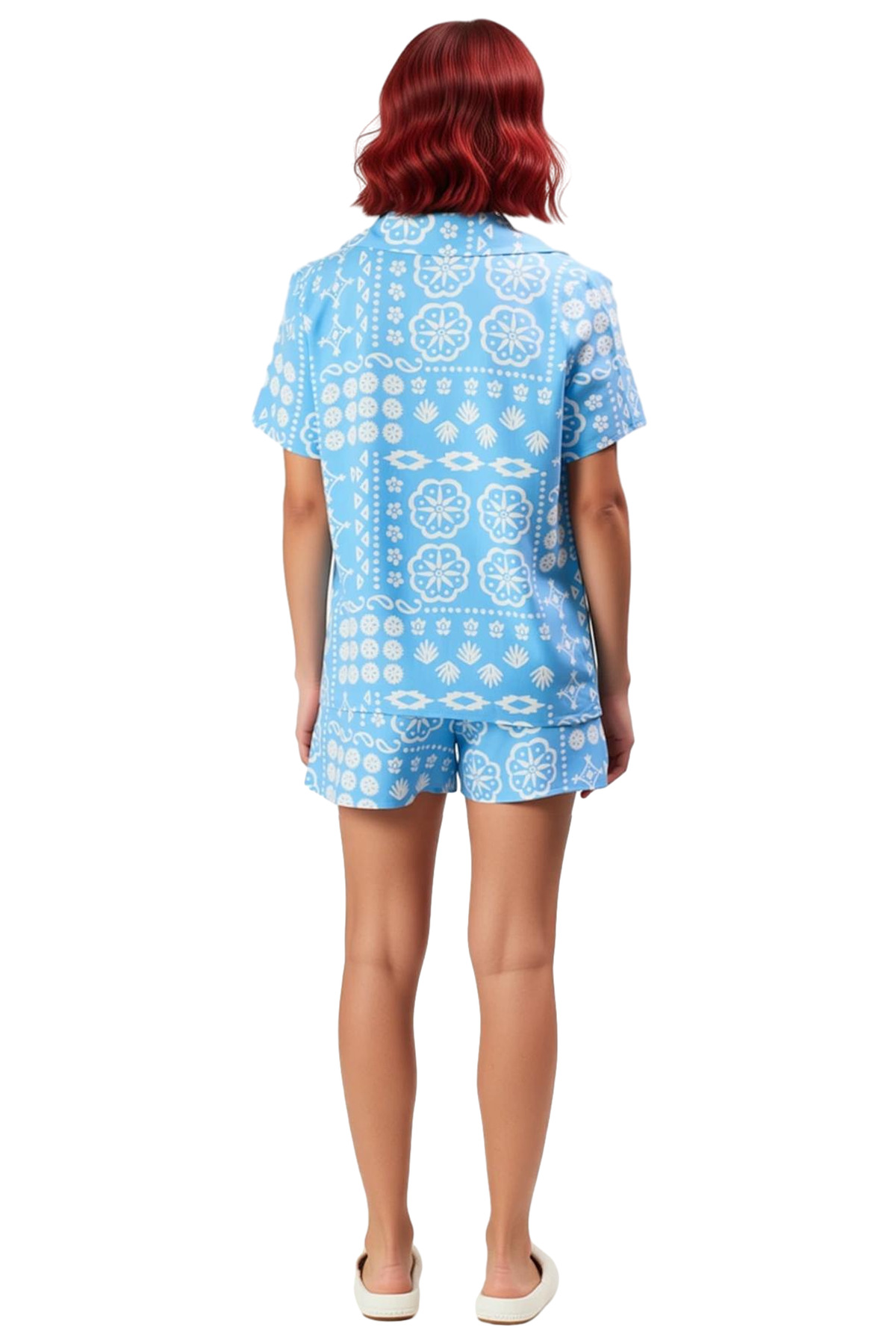 Kadın Rahat Yazlık Viskon Pijama Takımı Etnik Desenli Şortlu Regular Kalıp Trend Tasarım