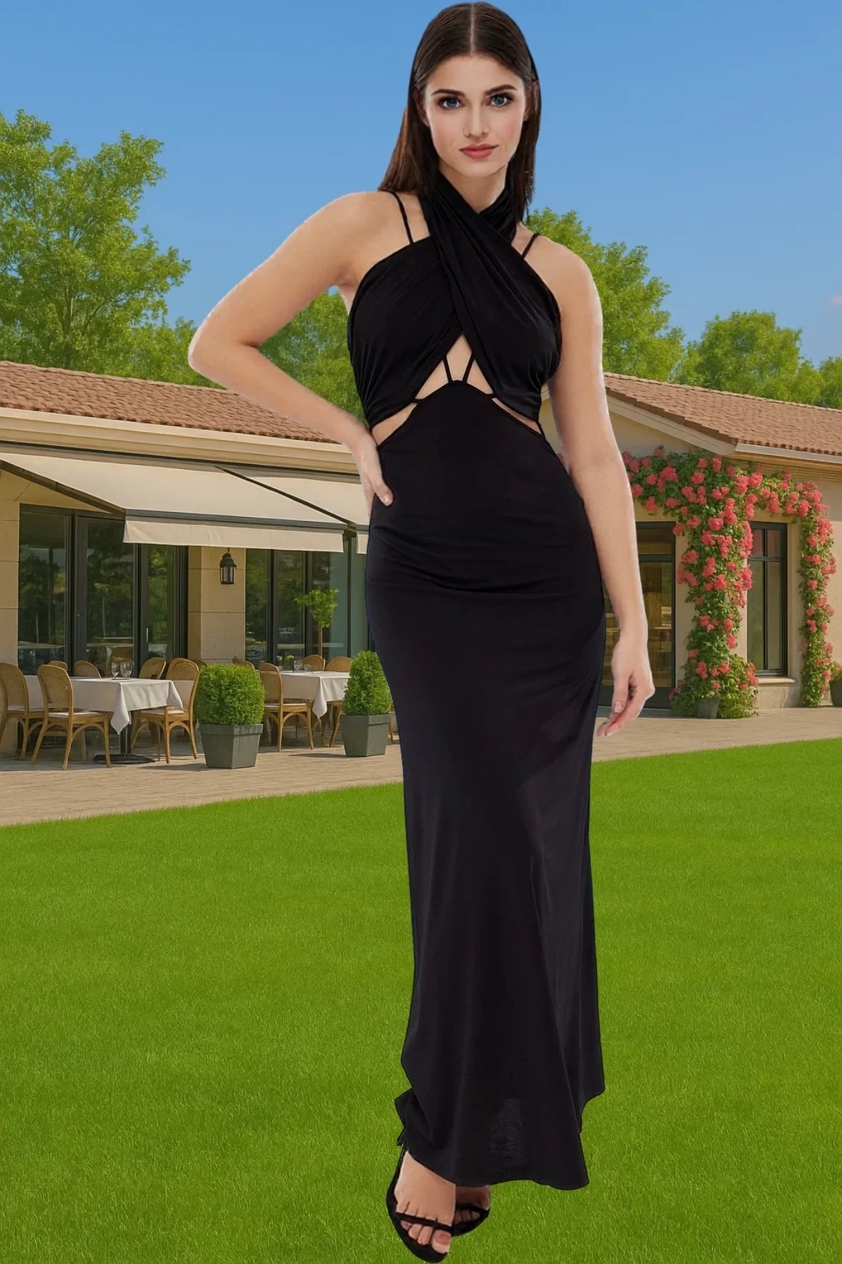 Kadın Örme Abiye Elbise Halter Yaka Midi Boy Cut Out Detaylı Yazlık Yaz Aylarının Vazgeçilmezi