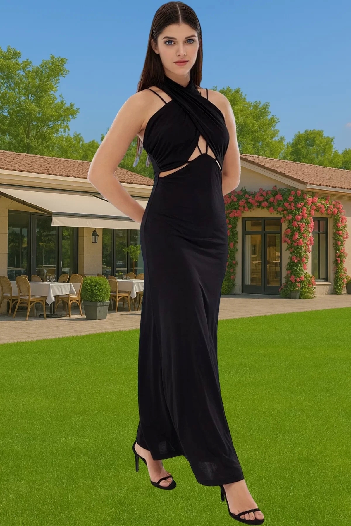 Kadın Örme Abiye Elbise Halter Yaka Midi Boy Cut Out Detaylı Yazlık Yaz Aylarının Vazgeçilmezi