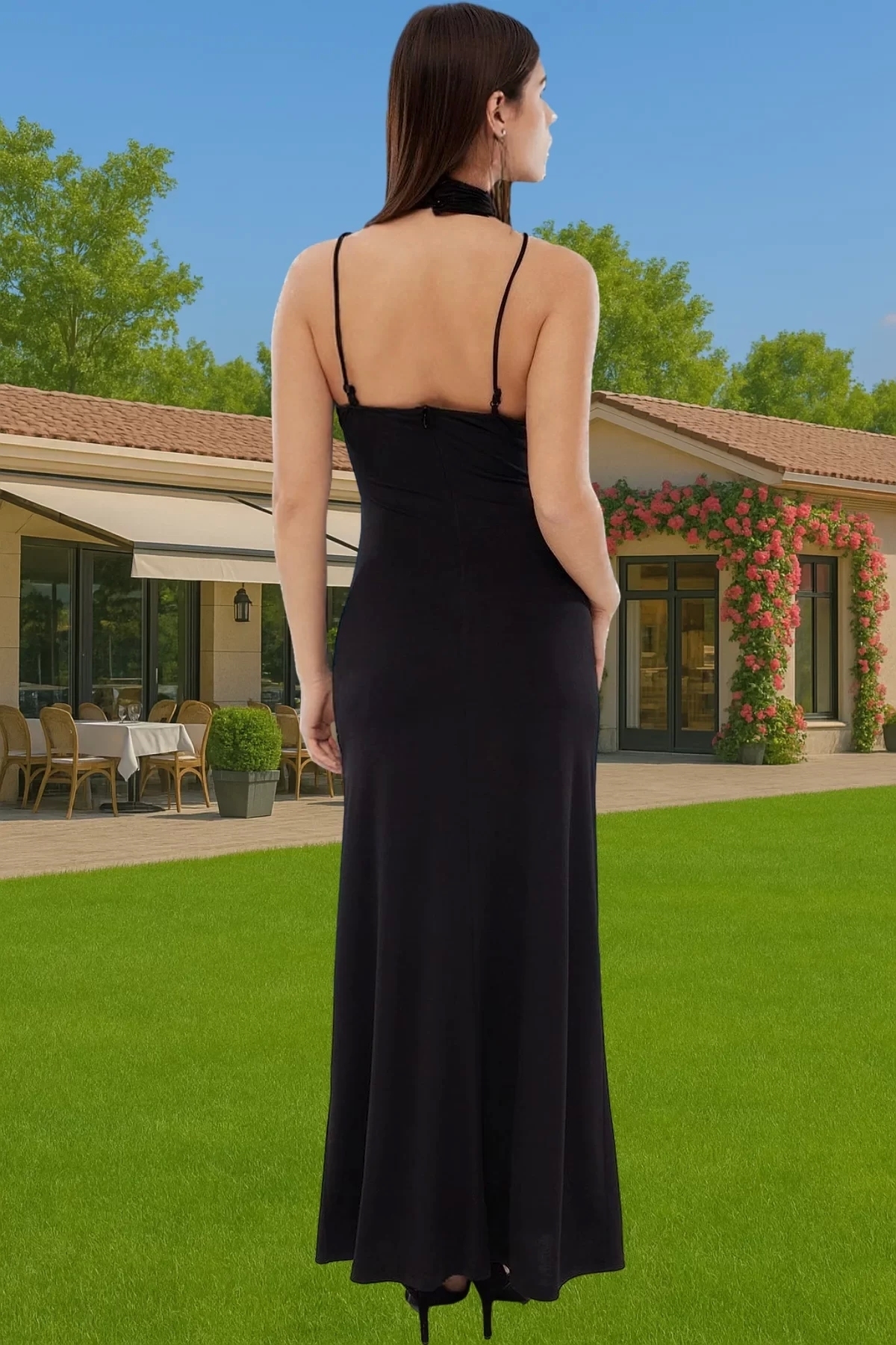 Kadın Örme Abiye Elbise Halter Yaka Midi Boy Cut Out Detaylı Yazlık Yaz Aylarının Vazgeçilmezi