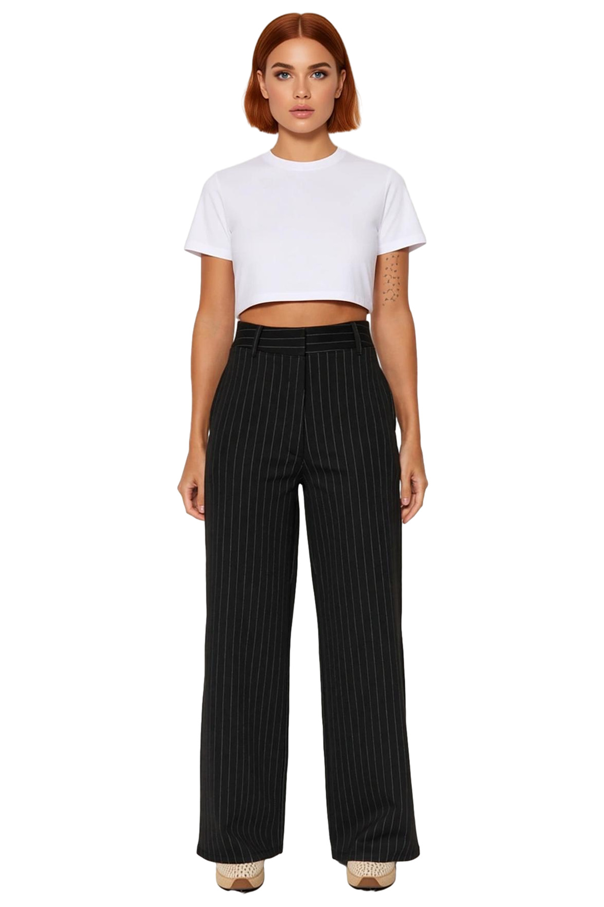 Kadın Moda Yüksek Bel Çizgili Straight Fit Pantolon İnterlok Örme Kışlık Yazlık