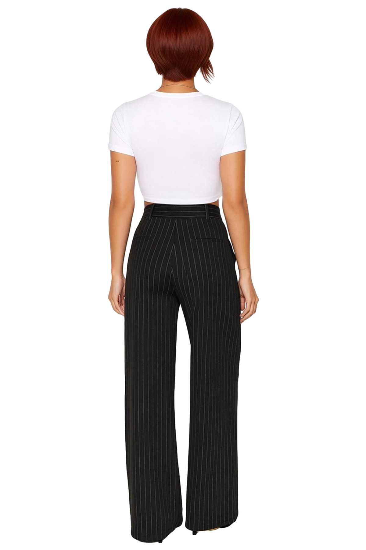Kadın Moda Yüksek Bel Çizgili Straight Fit Pantolon İnterlok Örme Kışlık Yazlık