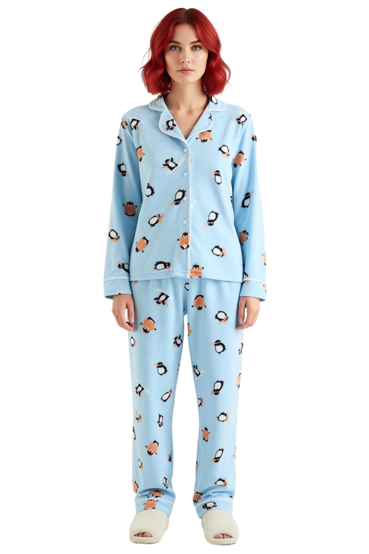 Kadın Penguen Desenli Gömlek Yaka Polar Pijama Takımı Fonksiyonel Dayanıklı Kaliteli Rahat