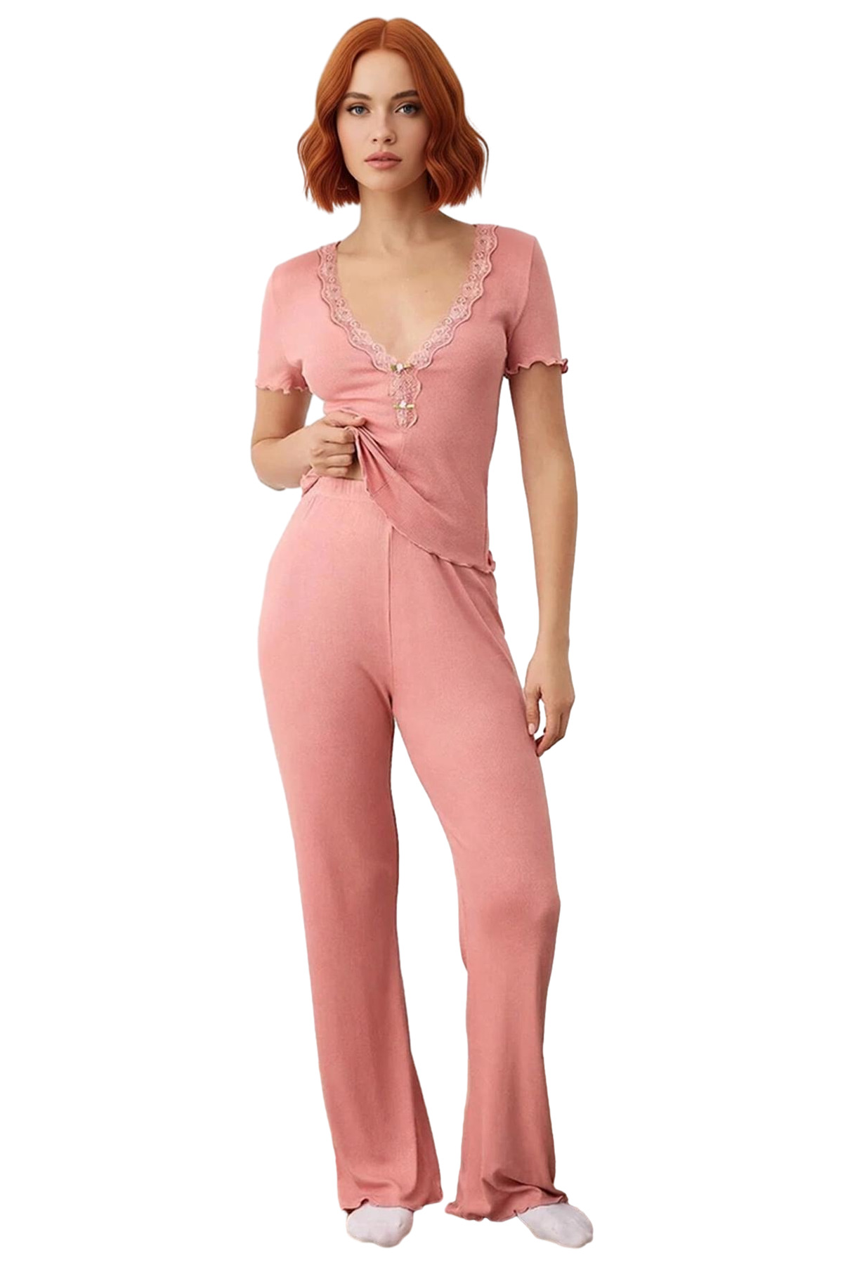 Kadın V Yaka Dantel Detaylı Pijama Takımı Fonksiyonel Dayanıklı Kaliteli Konforlu Estetik Şık