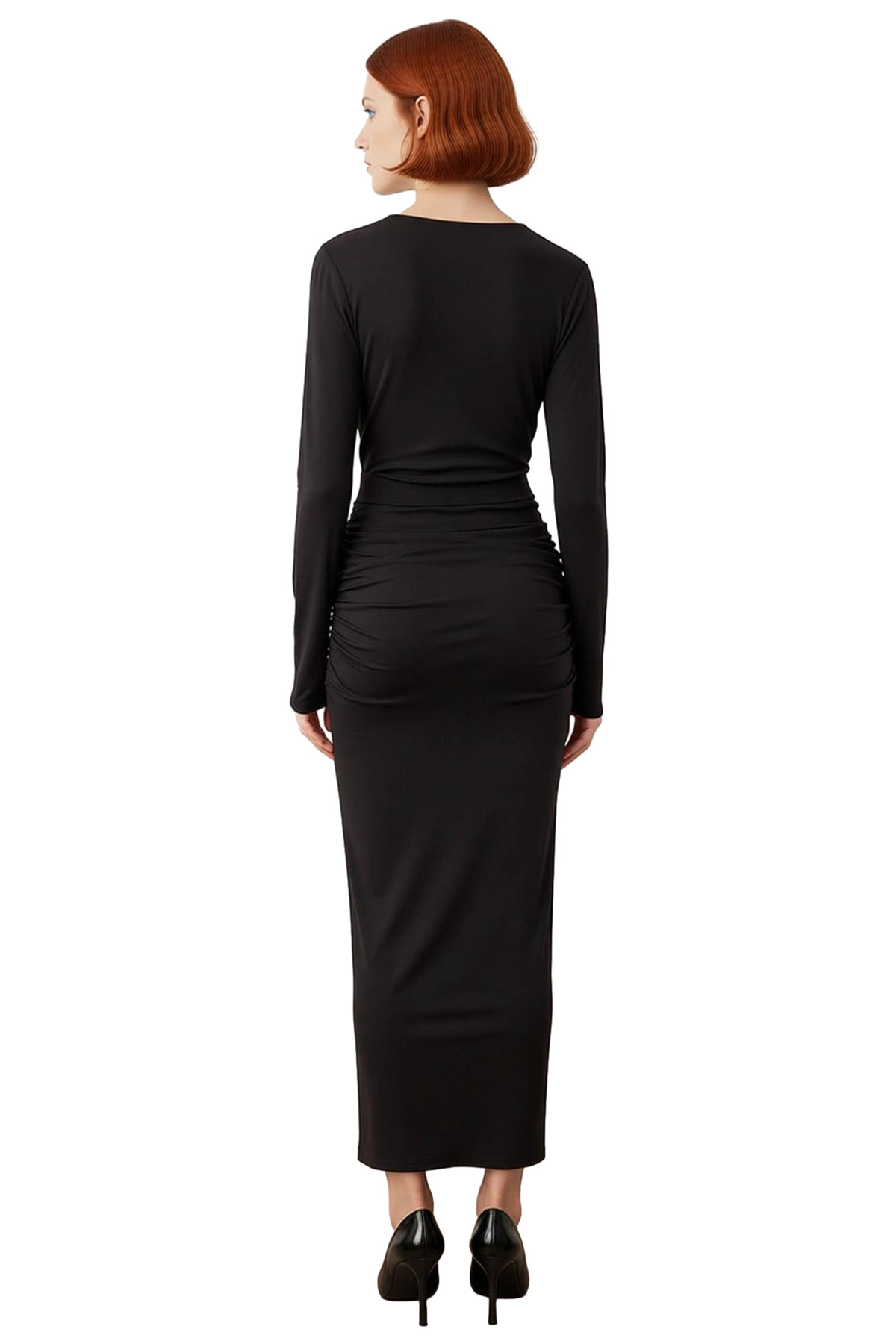 Kadın Bodycon Fashion Forward V Yaka Uzun Kollu Kemerli Midi Örme Şık Gece Davet Elbisesi Kaliteli