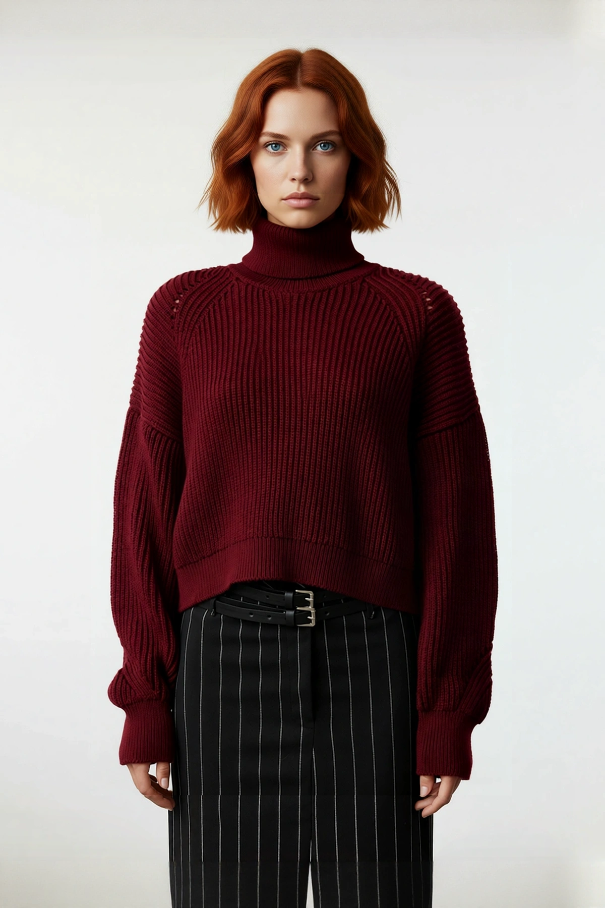 Kadın Oversize Fitilli Bordo Balıkçı Yaka Uzun Reglan Kollu Crop Akrilik Triko Kazak Kaliteli