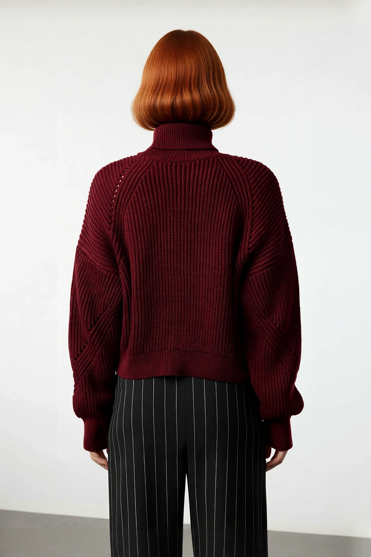 Kadın Oversize Fitilli Bordo Balıkçı Yaka Uzun Reglan Kollu Crop Akrilik Triko Kazak Kaliteli
