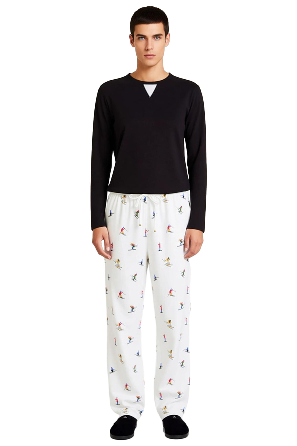Erkek Bisiklet Yaka Waffle Pijama Takımı Kayak Desenli Pantolon Fonksiyonel Dayanıklı Spor