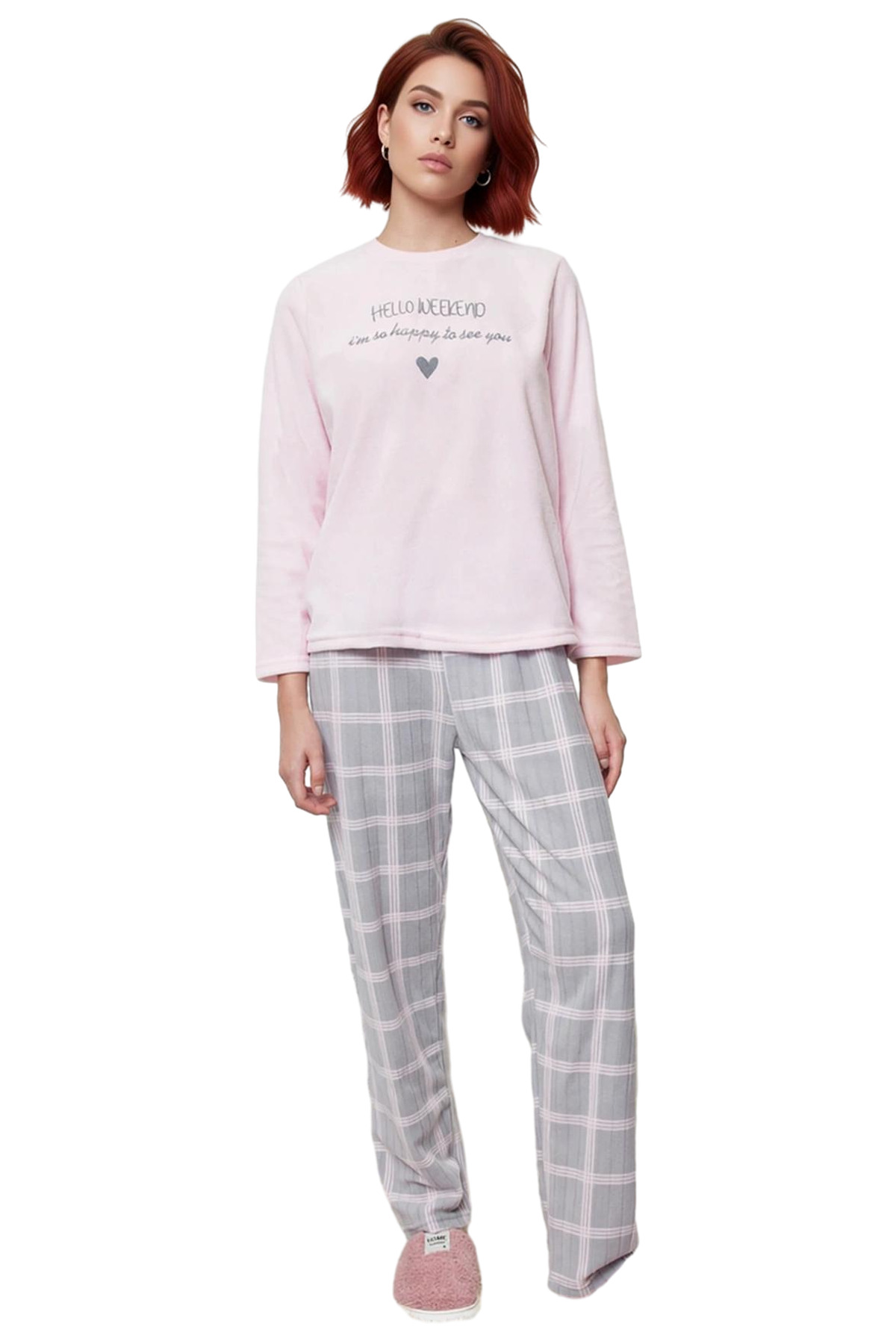 Kadın Kışlık Polar Pijama Takımı Ekoseli Pantolon Uzun Kollu Mükemmel Uyum Trend Tasarım