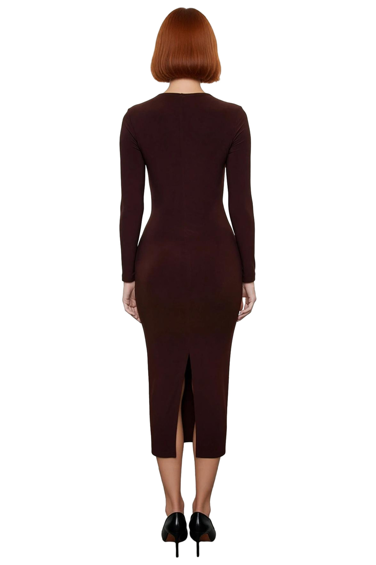 Kadınlar İçin Bodycon Kesim Uzun Kollu Midi Boy Choker Yaka Şık Gece Elbisesi Zarif Detaylarla