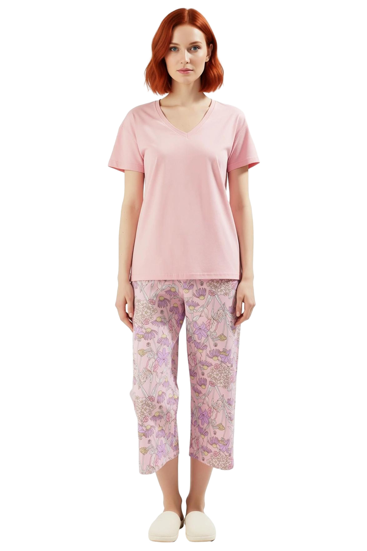 Kadın Çiçekli Kapri Pijama Takımı Rahat Örme Kumaş Kaliteli İşçilik Özel Tasarım Ve Şık