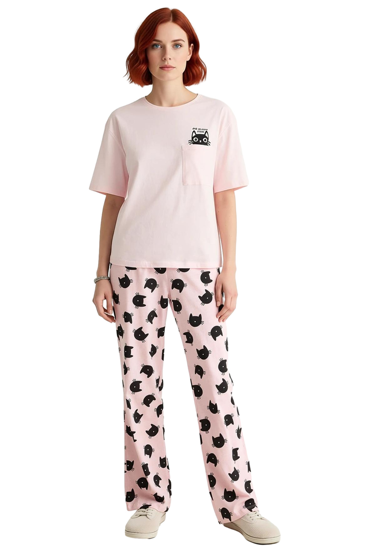 Kadın Pamuklu Kedi Desenli Kısa Kollu Pijama Takımı Mükemmel Uyum Şık Görünüm Rahat Kullanım