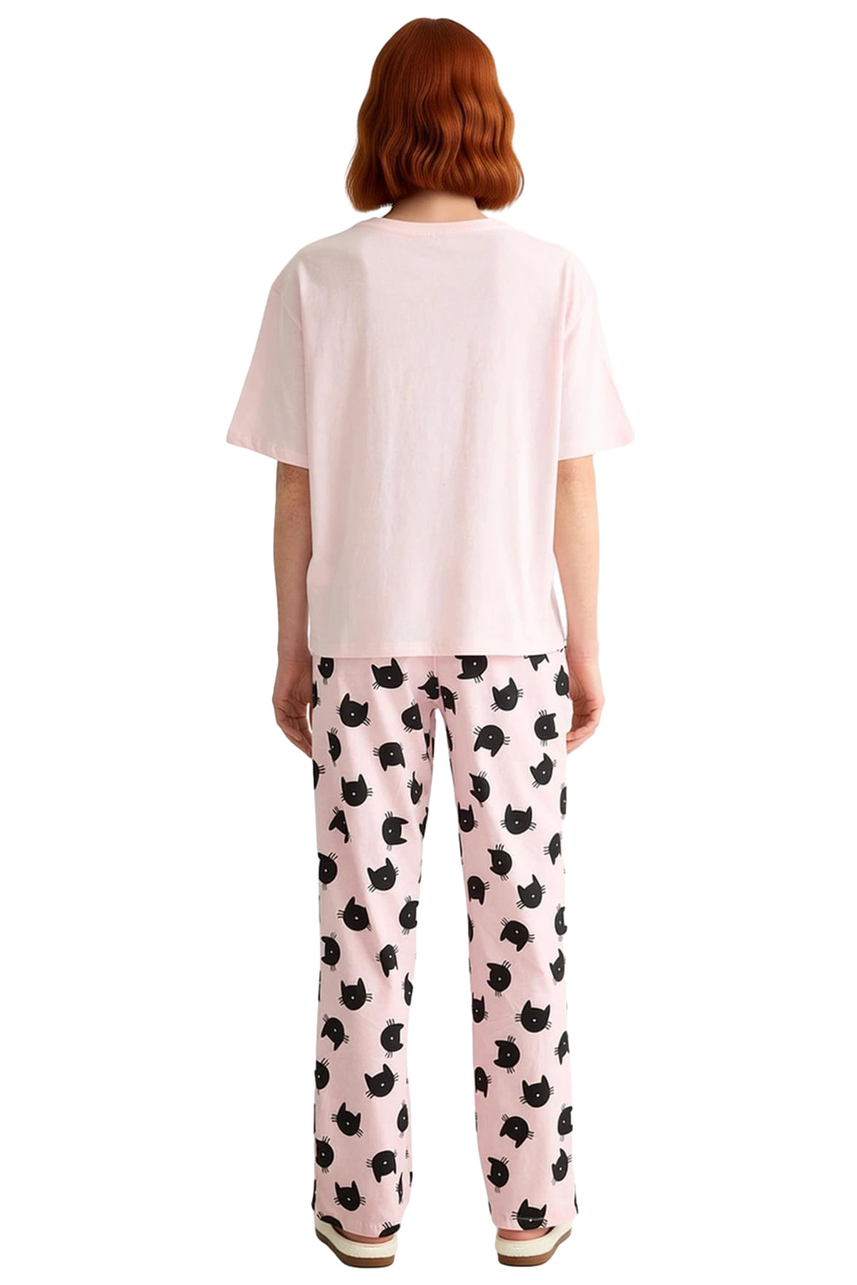 Kadın Pamuklu Kedi Desenli Kısa Kollu Pijama Takımı Mükemmel Uyum Şık Görünüm Rahat Kullanım