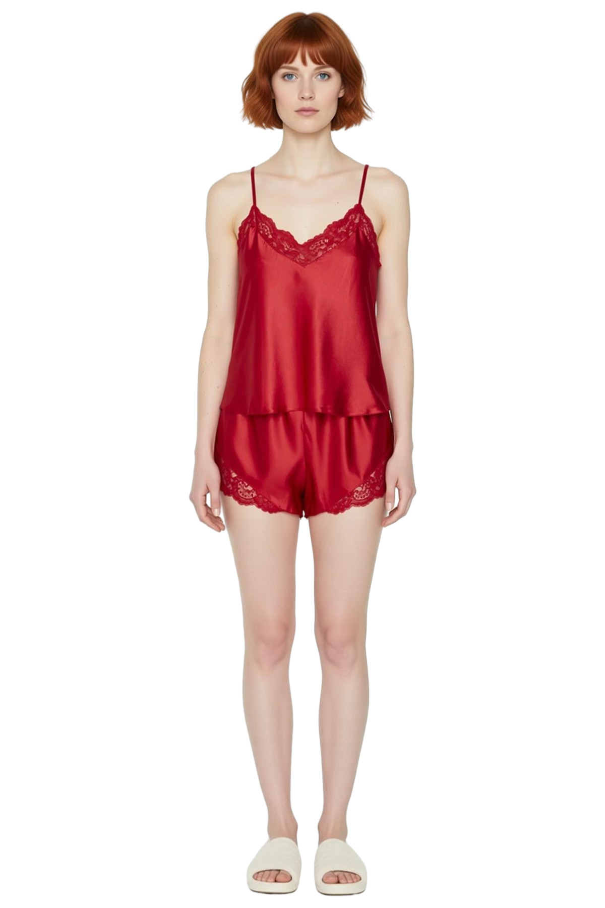 Kadın Saten Pijama Takımı İnce Askılı Dantelli Şortlu Rahat Konforlu Kesim Özel Tasarım