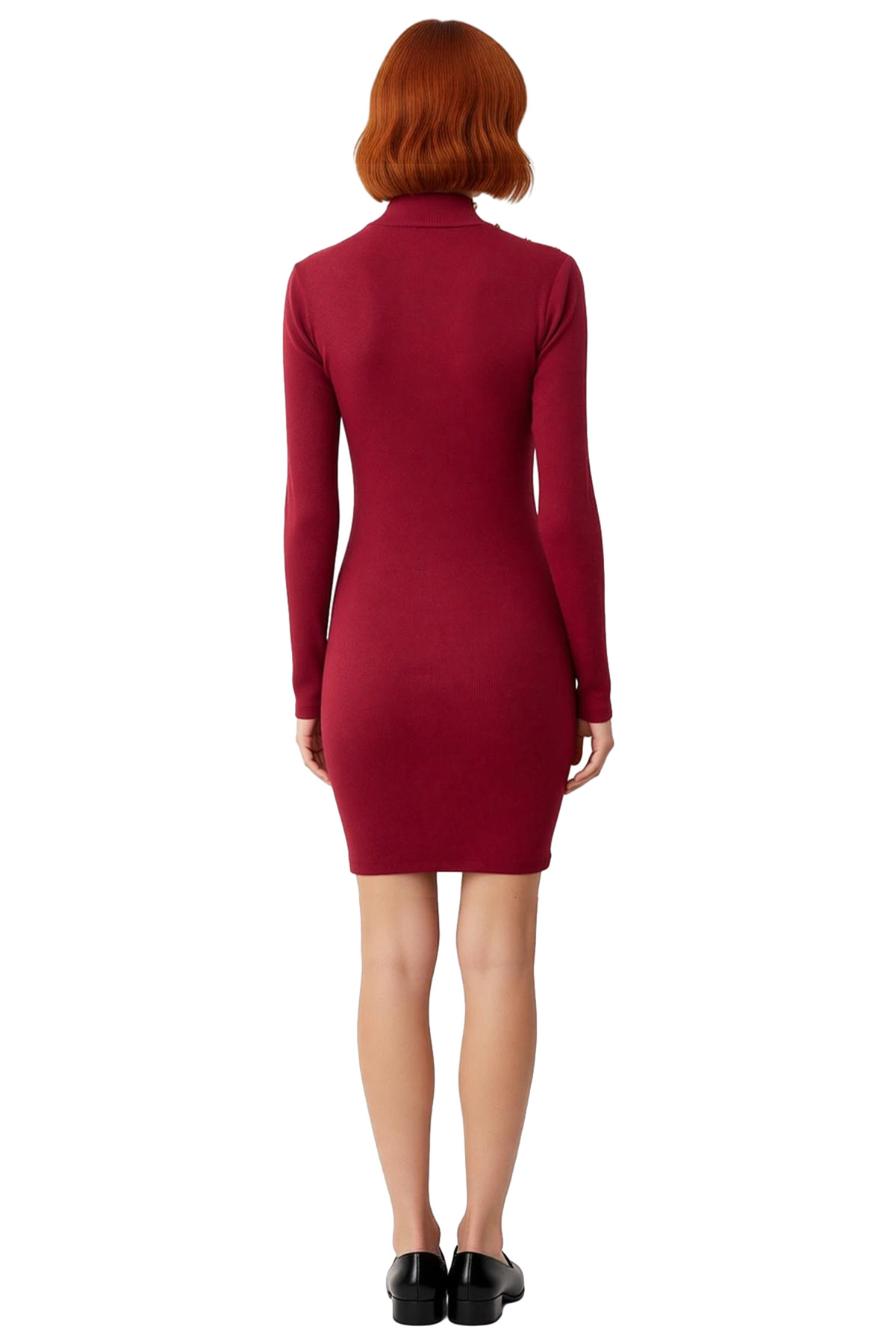 Kadın Bodycon Fitilli Dik Yaka Uzun Kol Düğme Detaylı Mini Örme Elbise Şık Ve Konforlu Kaliteli