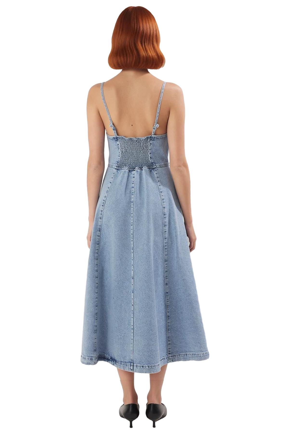 Kadınlar İçin Yazlık V Yaka Askılı Midi Denim Elbise %100 Pamuk Düz Eteği Fırfırlı Şık Tasarım
