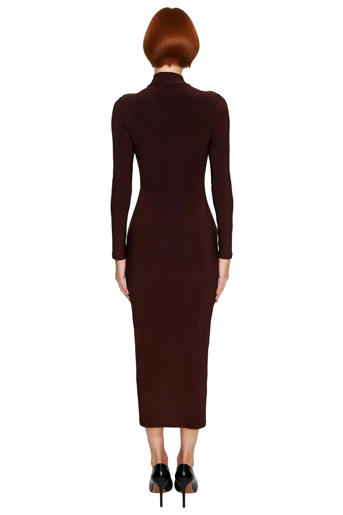 Kadın Dik Yaka Bodycon Kesim Maxi Elbise Polyester Karışımlı Örme Uzun Kollu Kışlık Zarif Tasarım