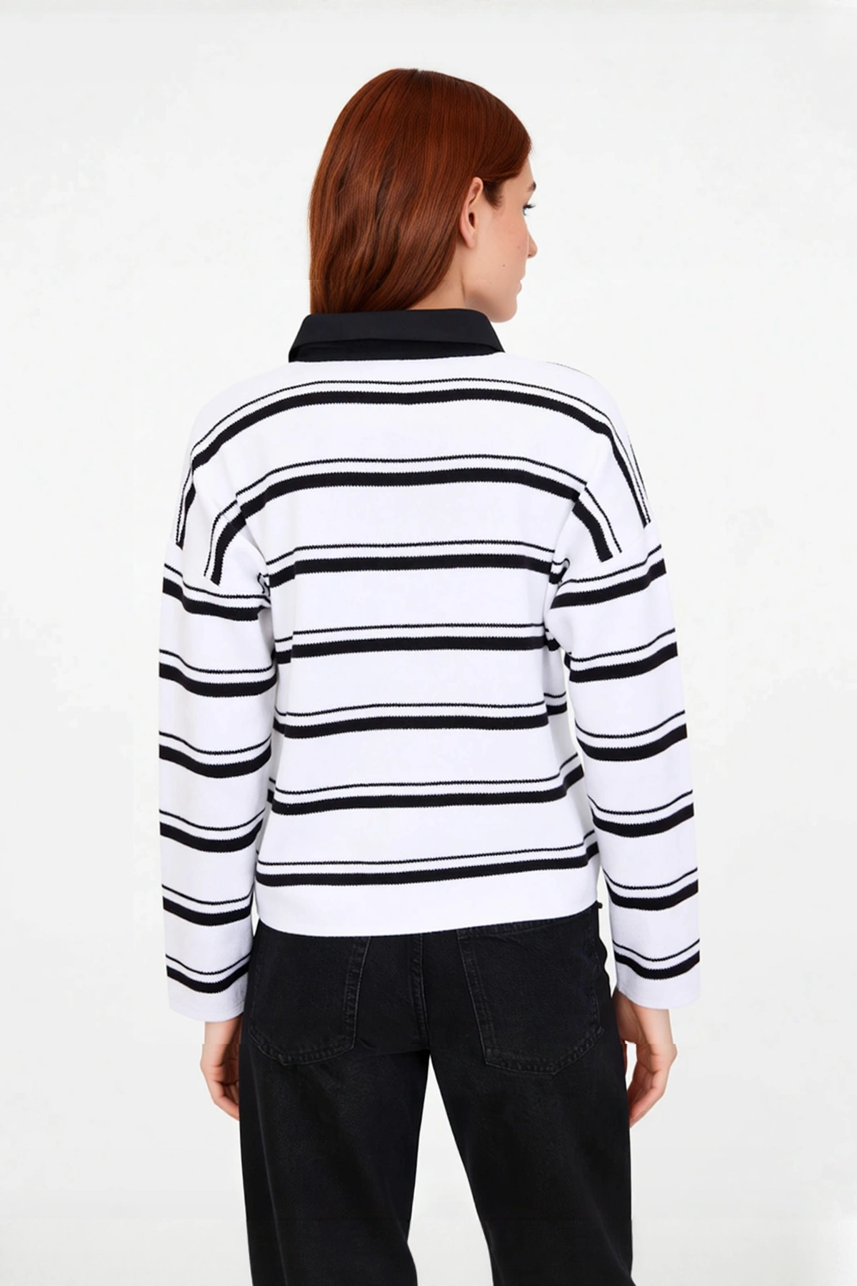 Kadın Oversize Polo Yaka Çizgili Triko Kazak Düşük Kol Rahat Kesim Günlük Şıklık İçin İdeal