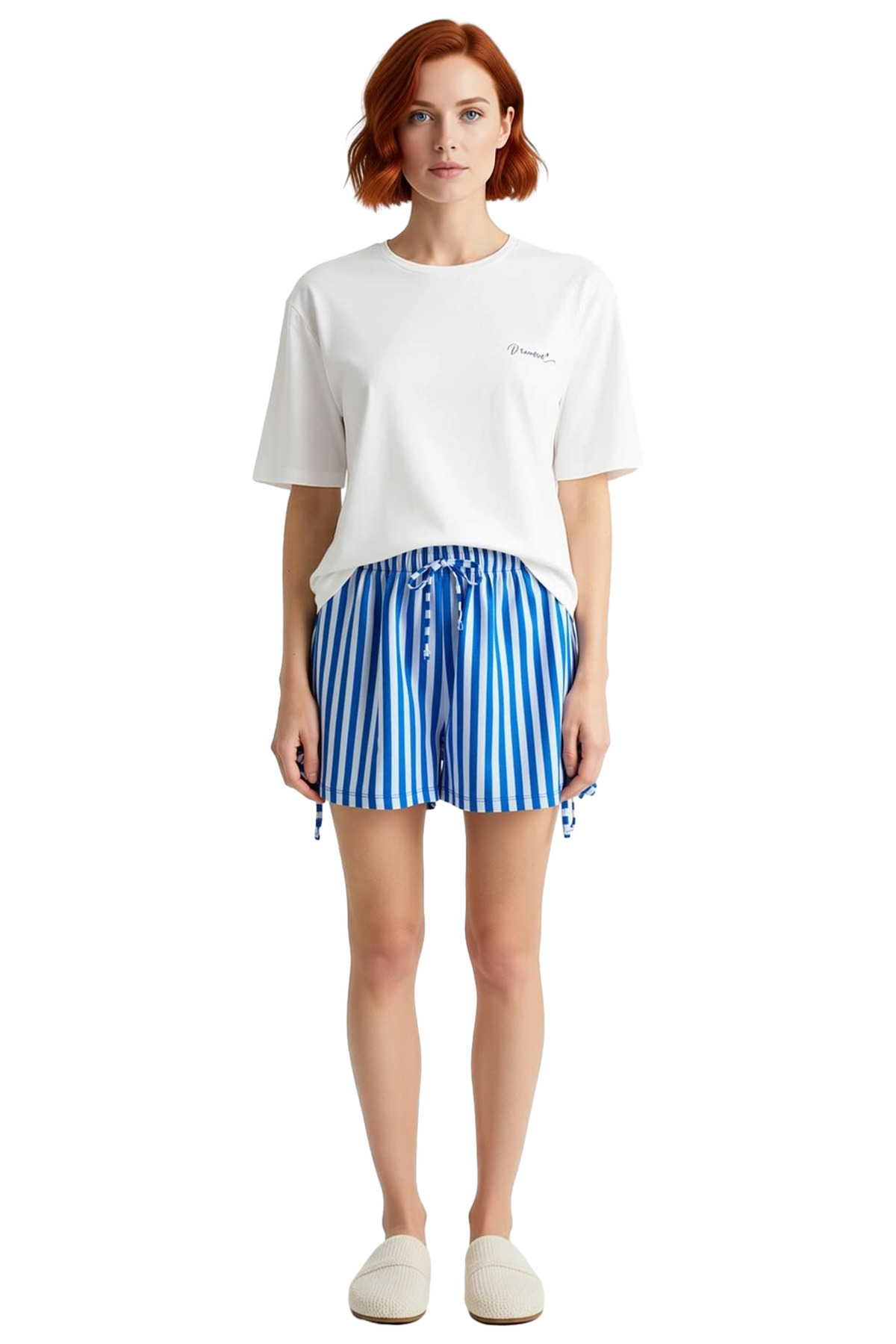 Kadın Rahat Pamuklu Çizgili Pijama Takımı Bisiklet Yaka Bağlamalı Detaylar Yazlık Modern Stil