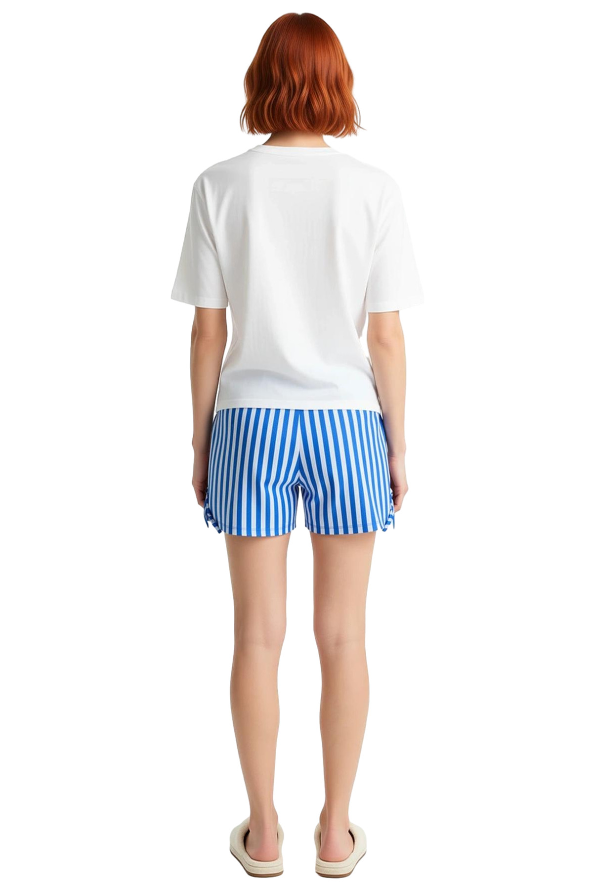Kadın Rahat Pamuklu Çizgili Pijama Takımı Bisiklet Yaka Bağlamalı Detaylar Yazlık Modern Stil