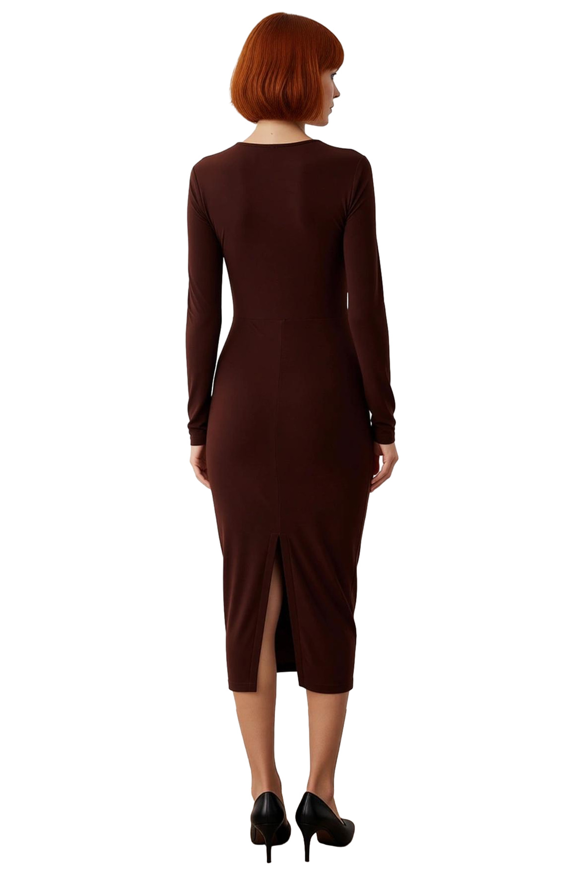 Kadın Kahverengi Bodycon Midi Elbise Aksesuar Detaylı Uzun Kollu Sandy Örme Kokteyl Şıklığı