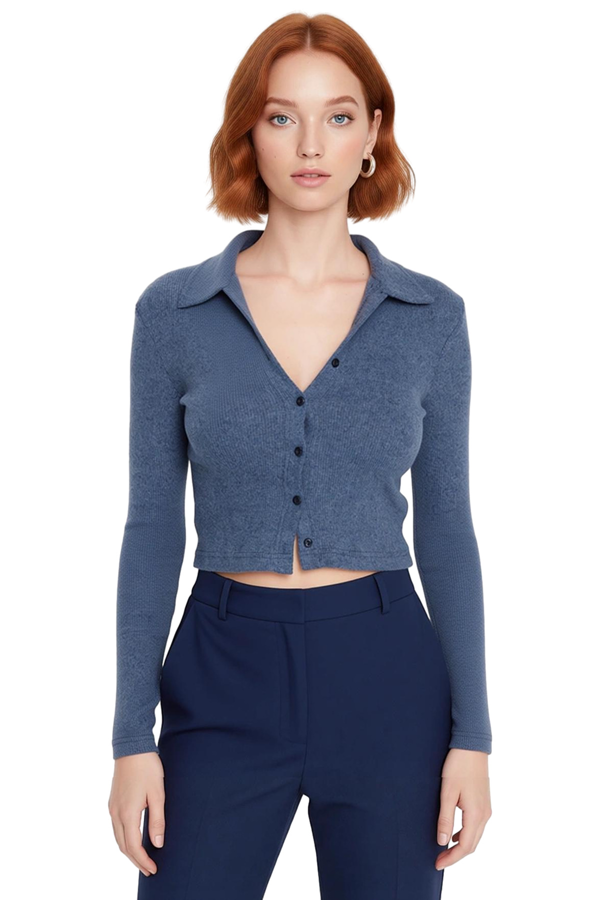 Kadın Fitted Polo Yaka Gömlek Yaka Düğme Detaylı Bluz Uzun Kollu Vücuda Oturan Esnek Örme Kışlık