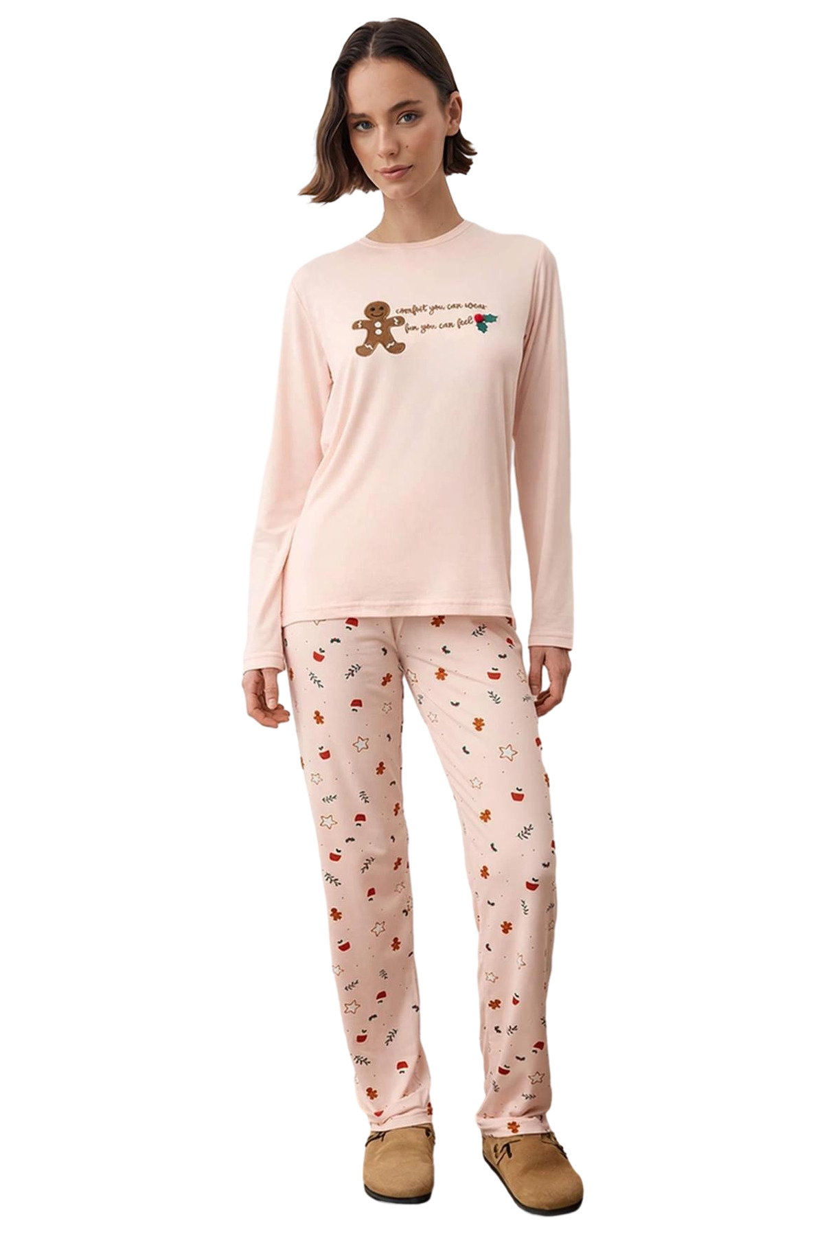 Kadın Pudra Kış Temalı Baskılı Pijama Takımı Fonksiyonel Dayanıklı Kaliteli Konforlu Rahat