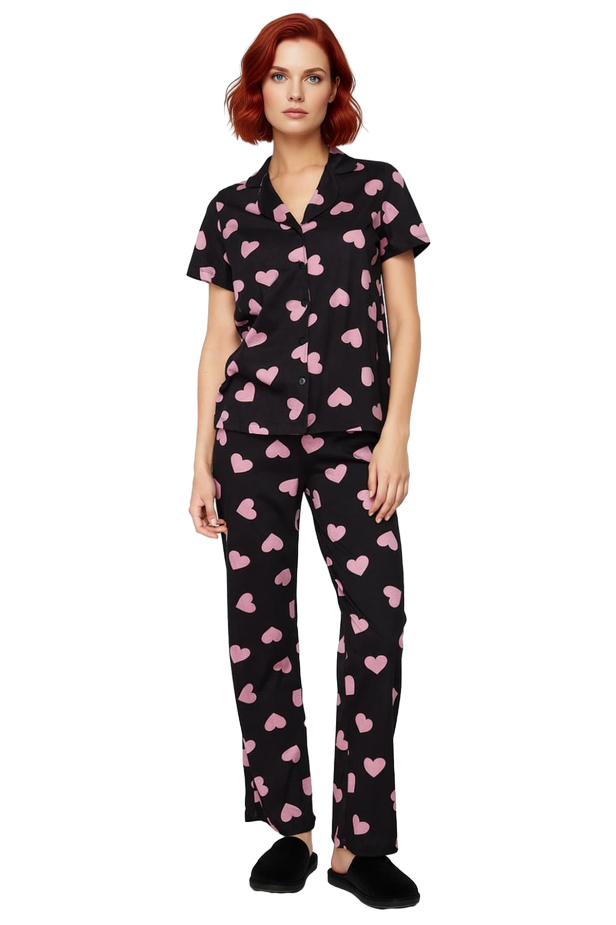 Kadın Kalpli Pamuklu Kısa Kollu Rahat Pijama Takımı Trend Tasarım Premium Kalite