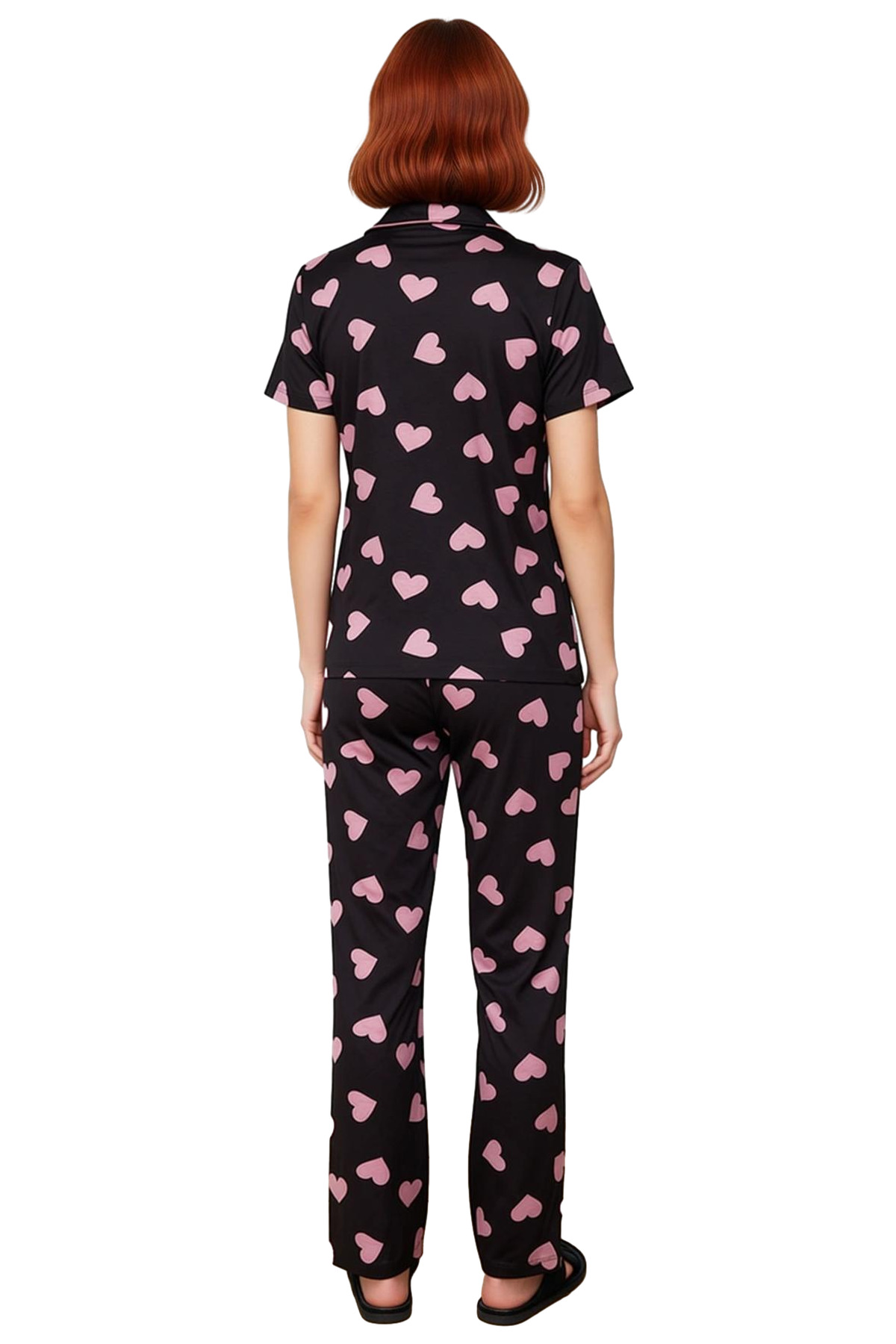 Kadın Kalpli Pamuklu Kısa Kollu Rahat Pijama Takımı Trend Tasarım Premium Kalite