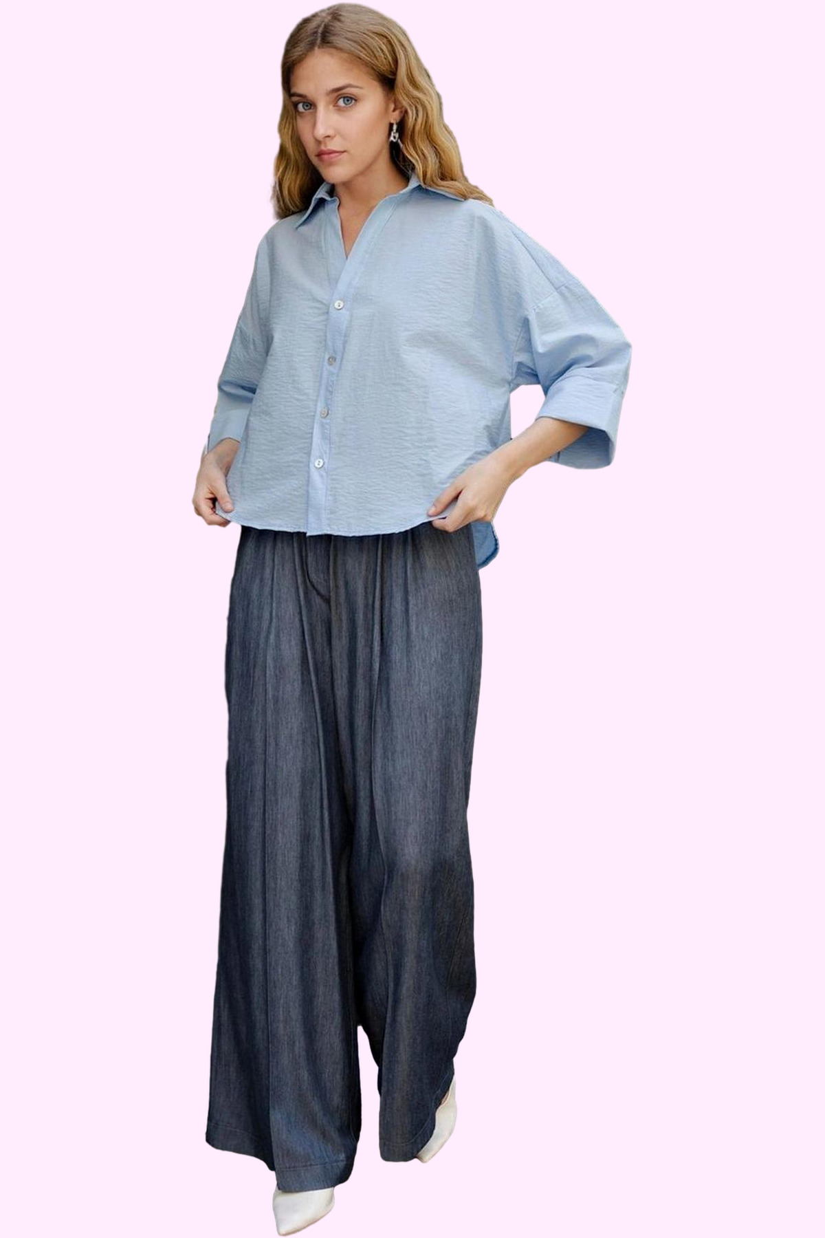 Kadın Moda Geniş Paça Yüksek Bel Dokuma Pantolon Kırçıllı Desen Yaz Günlük Kullanım Özel Günler