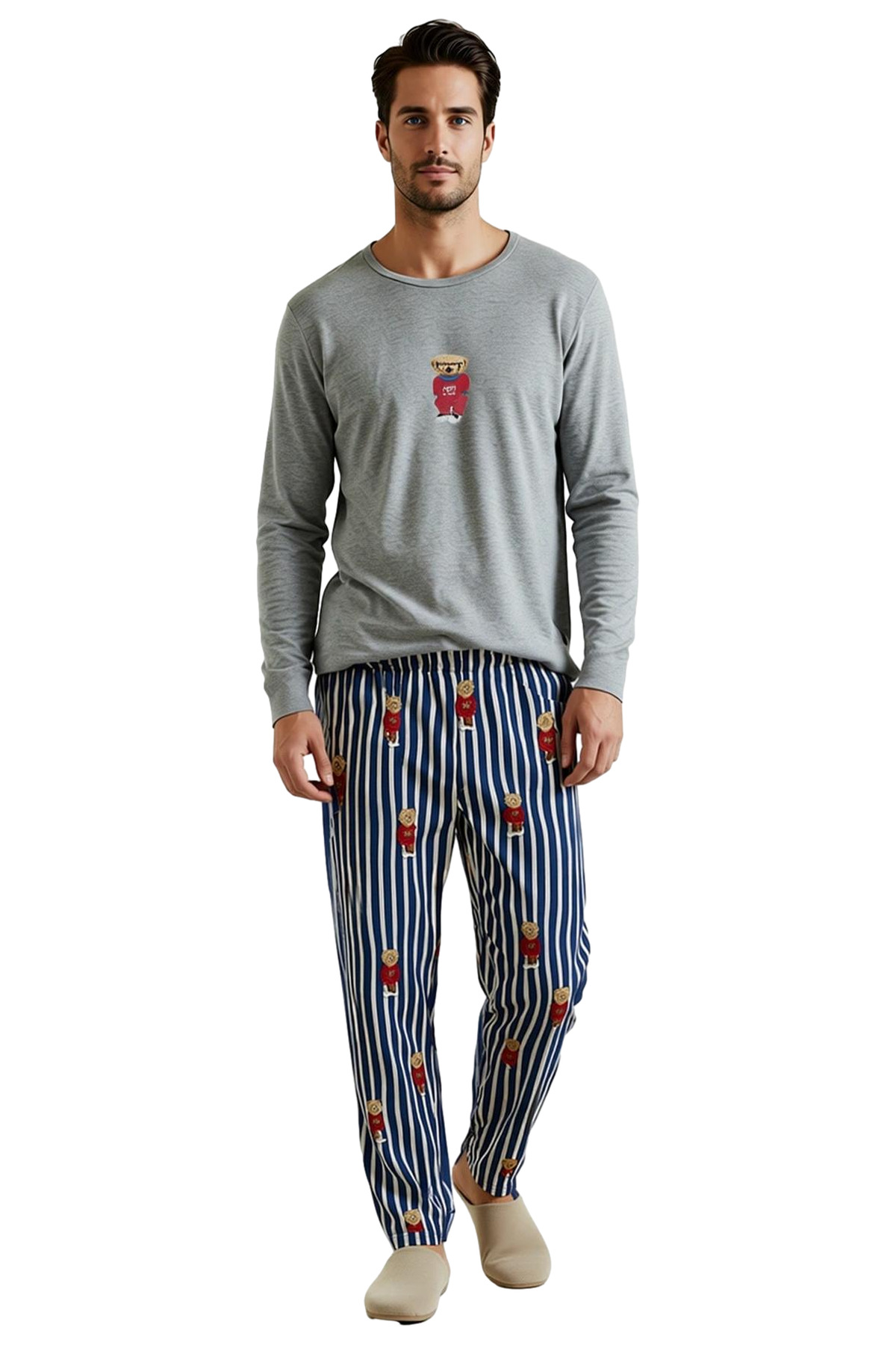 Erkek Ayıcıklı Bisiklet Yaka Uzun Kollu Pijama Takımı Fonksiyonel Dayanıklı Kaliteli Rahat