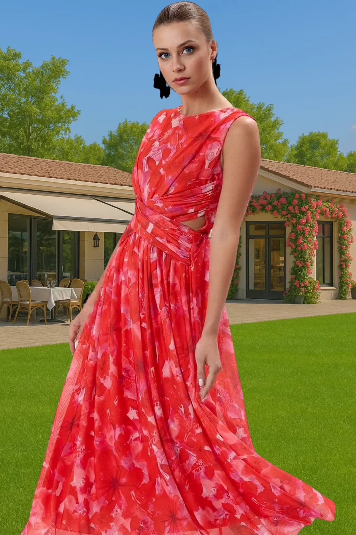 Kadın A Kesim Çiçek Desenli Tül Abiye Elbise Belden Etekli Modern Stil Yaz Aylarının Vazgeçilmezi