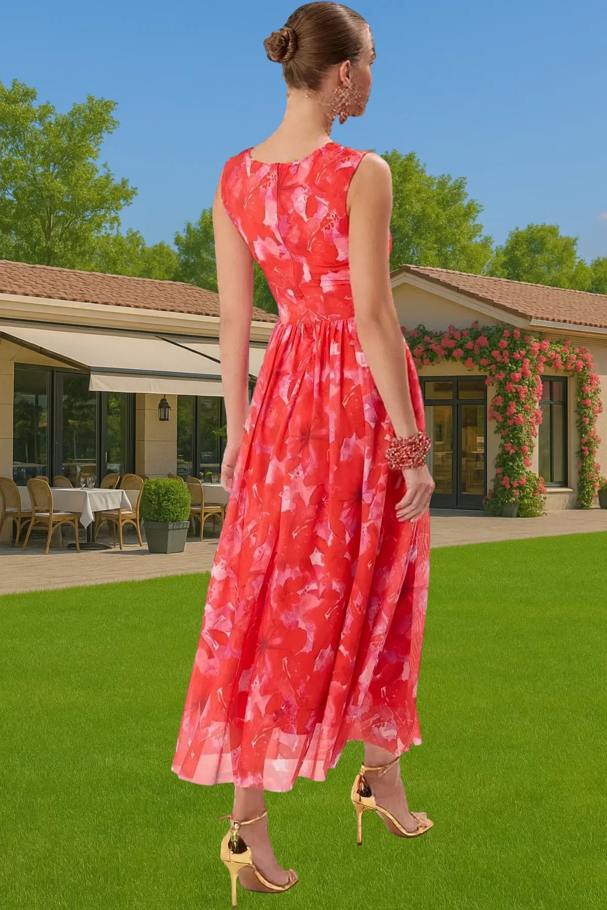 Kadın A Kesim Çiçek Desenli Tül Abiye Elbise Belden Etekli Modern Stil Yaz Aylarının Vazgeçilmezi