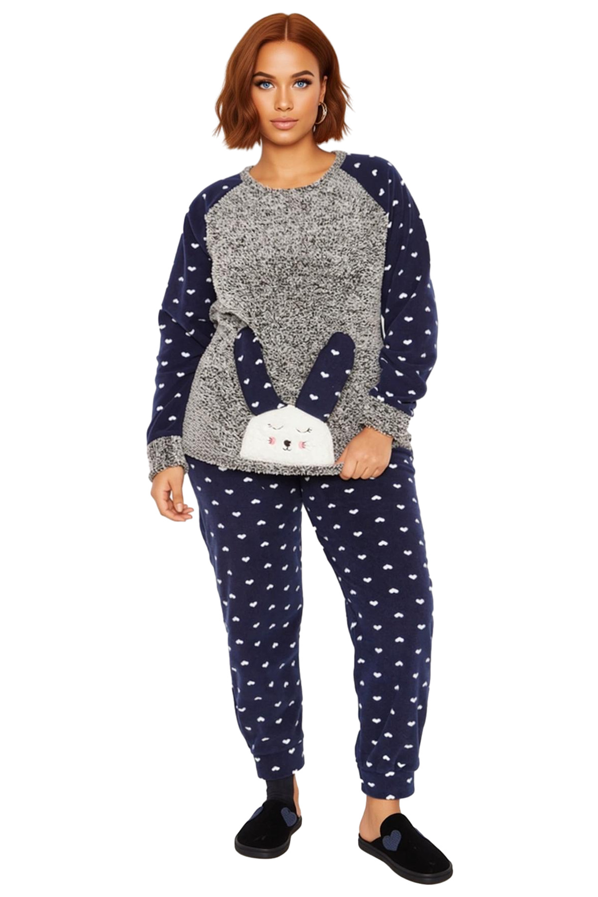 Kadın Sevimli Tavşan Detaylı Polar Pijama Takımı Fonksiyonel Dayanıklı Kaliteli Konforlu Şık