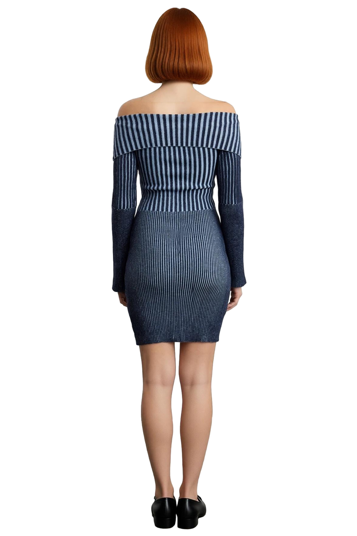 Kadın Bodycon Kesim Degrade Çizgili İnce Triko Mini Elbise Omuzları Açık Fermuar Detaylı Kaliteli