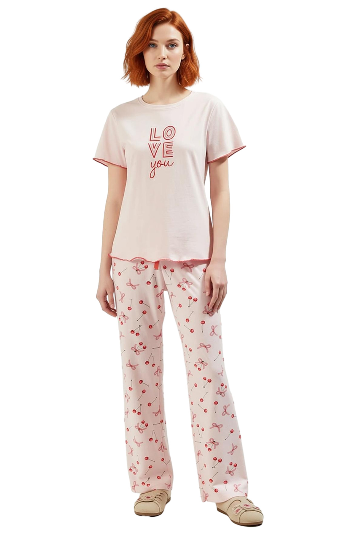 Kadın Pamuklu Kiraz Desenli Pijama Takımı Rahat Ev Giyim Seti Özenle Seçilmiş Premium Kalite