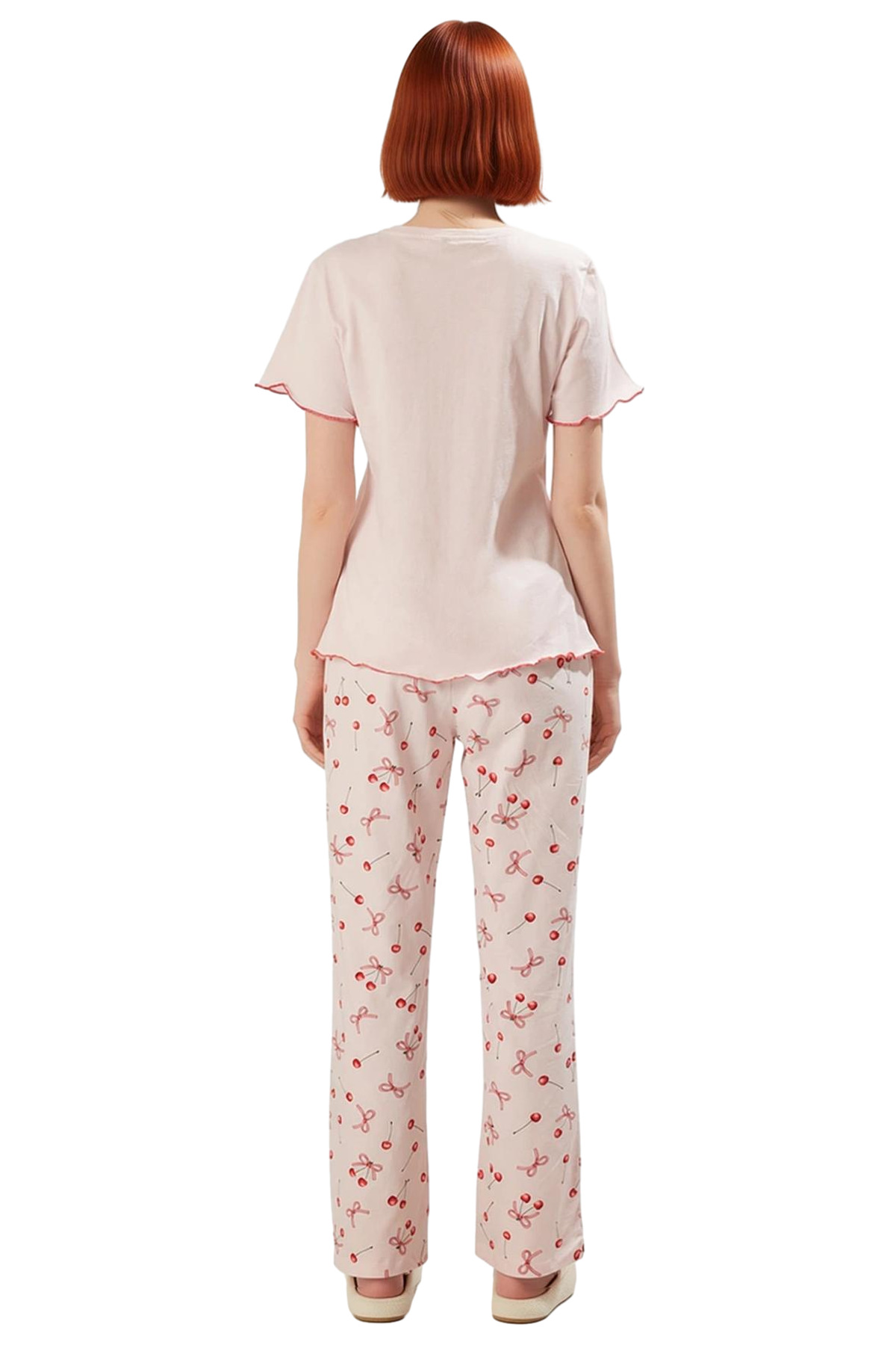 Kadın Pamuklu Kiraz Desenli Pijama Takımı Rahat Ev Giyim Seti Özenle Seçilmiş Premium Kalite