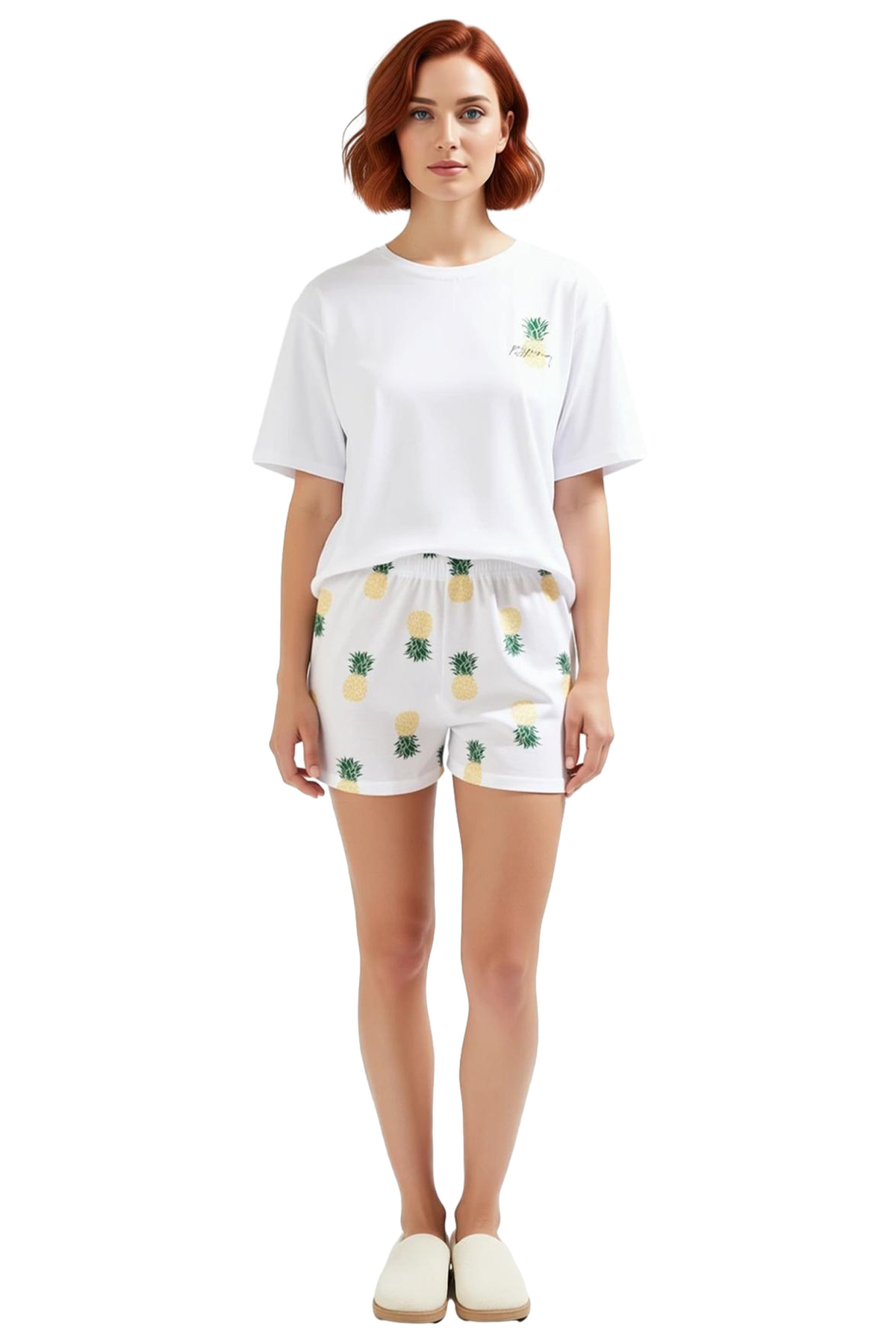 Kadın Yazlık Kısa Kollu Pamuklu Pijama Takımı Ananas Desenli Rahat Yüksek Kalite