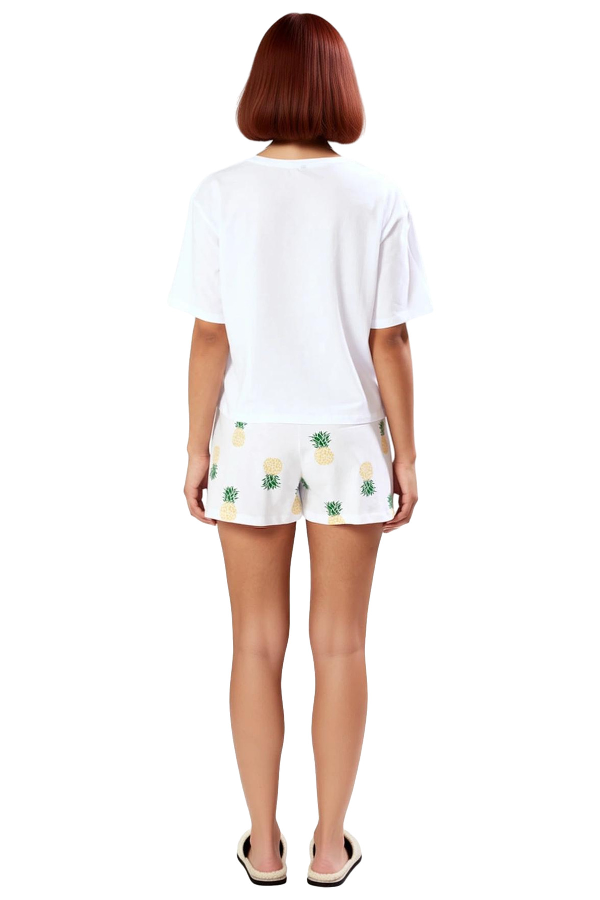 Kadın Yazlık Kısa Kollu Pamuklu Pijama Takımı Ananas Desenli Rahat Yüksek Kalite
