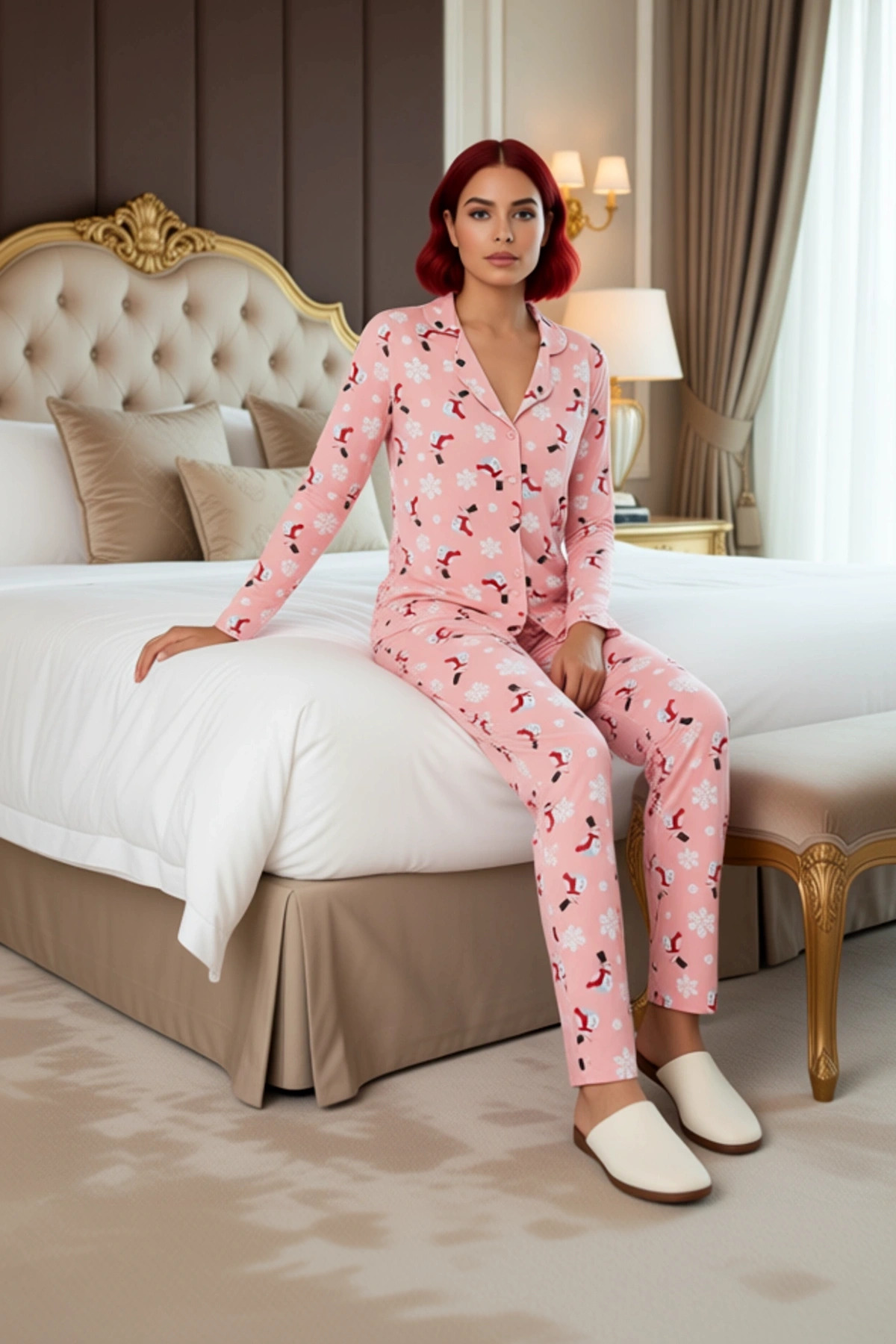 Kadın Kış Temalı Baskılı Pijama Takımı Bisiklet Yaka Fonksiyonel Dayanıklı Kaliteli Modern