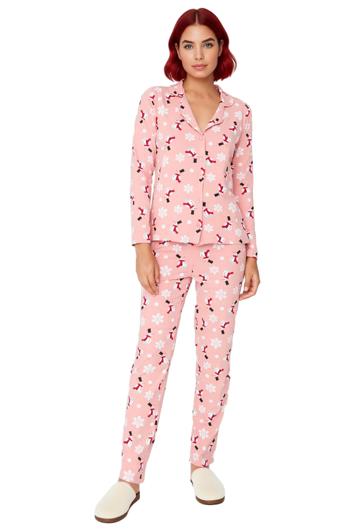Kadın Kış Temalı Baskılı Pijama Takımı Bisiklet Yaka Fonksiyonel Dayanıklı Kaliteli Modern