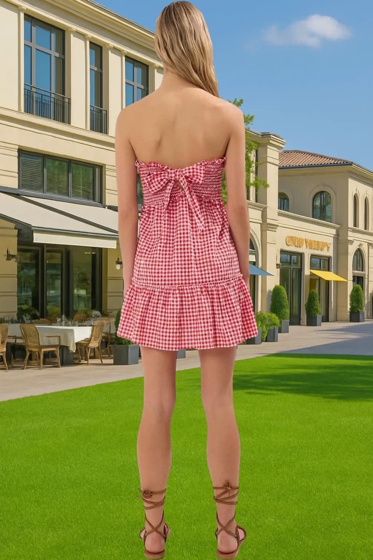 Kadın Mini Gofre Dokuma Elbise Ekose Desenli Yazlık Straplez Rahat Kesim Günlük Hafta Sonu
