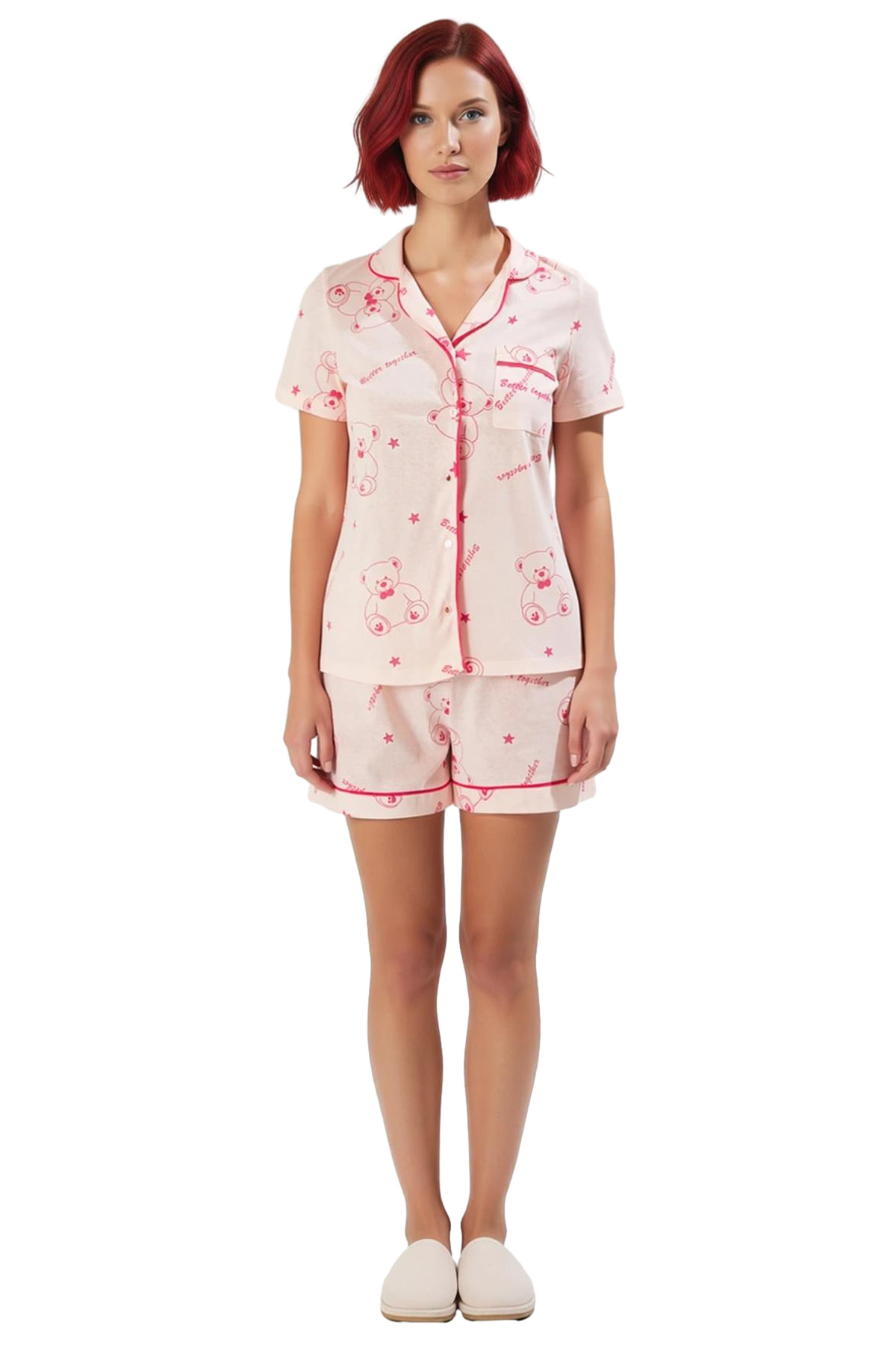 Kadın Ayıcıklı Pamuklu Kısa Kollu Pijama Takımı Dayanıklı Malzeme Seçkin Yüksek Kalite