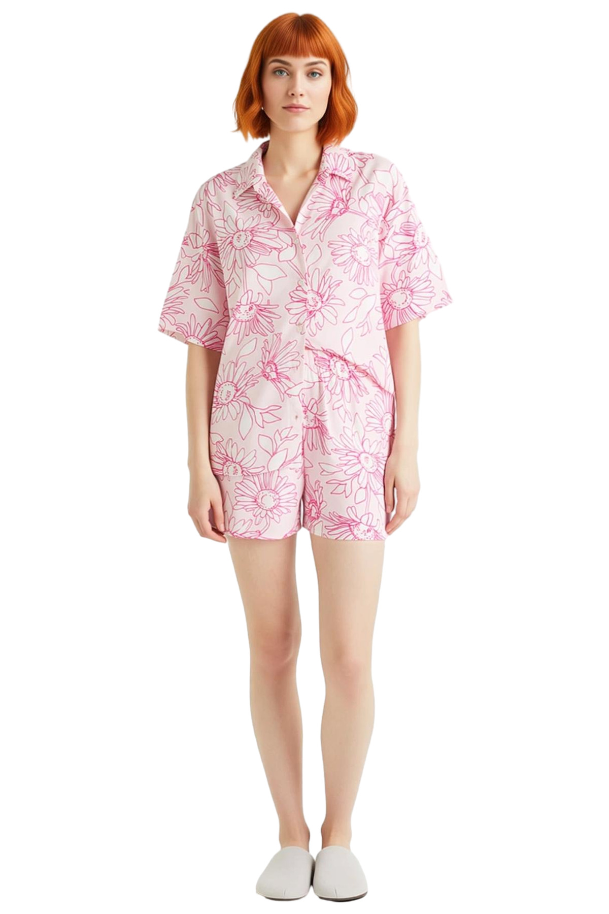 Kadın Çiçekli Viskon Pijama Takımı Şortlu Regular Rahat Yazlık Kullanım Seçkin Malzeme