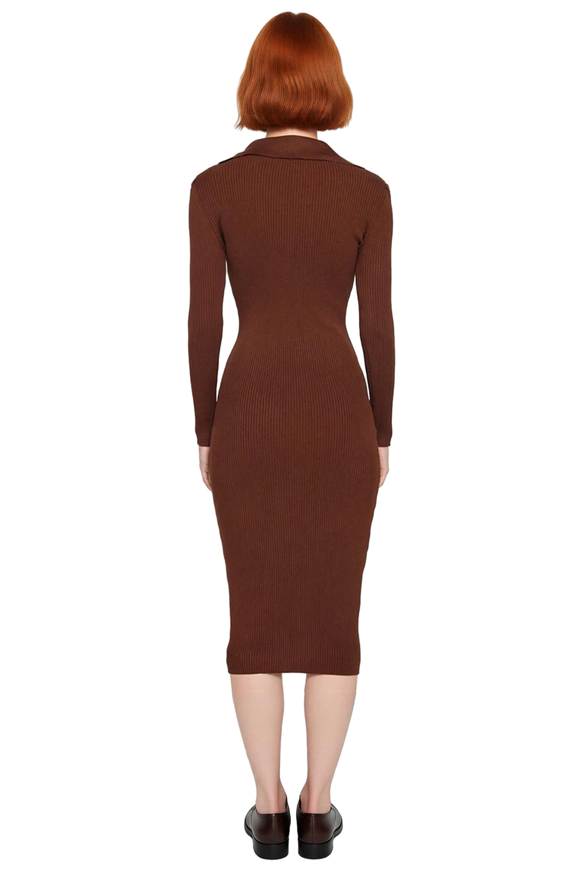 Kadınlar İçin Midi Boy Uzun Kollu Bodycon Triko Elbise Polo Yaka Fitilli Tasarım Şıklığı Sağlar.