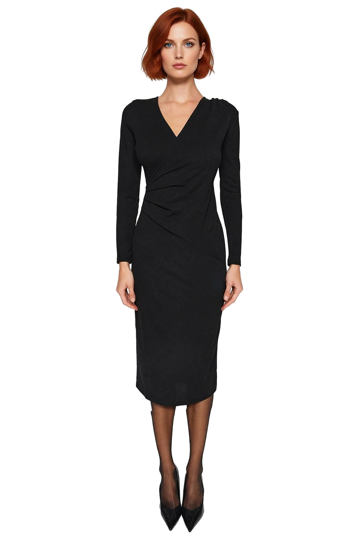 Kadın Bodycon Kruvaze V Yaka Midi Uzun Kollu Örme Scuba Krep Elbise Şık Günlük Ve Özel Davetler İçin
