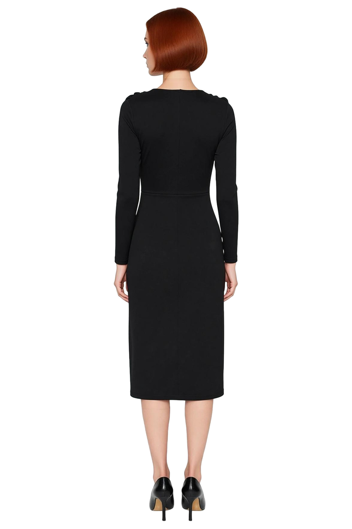 Kadın Bodycon Kruvaze V Yaka Midi Uzun Kollu Örme Scuba Krep Elbise Şık Günlük Ve Özel Davetler İçin