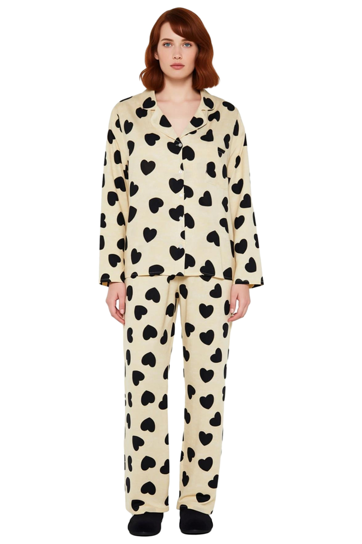 Kadın Kalp Desenli Gömlek Yaka Pijama Takımı Fonksiyonel Dayanıklı Kaliteli Konforlu Rahat