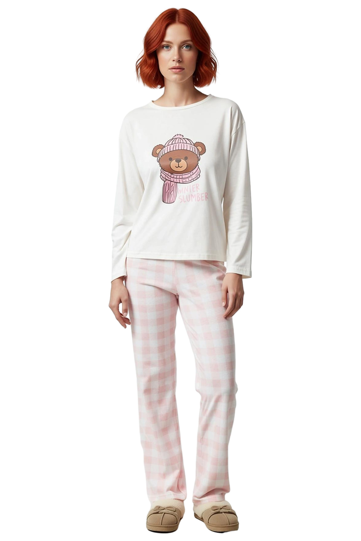Kadın Ayıcıklı Baskılı Ekose Pijama Takımı Fonksiyonel Dayanıklı Kaliteli Konforlu Estetik