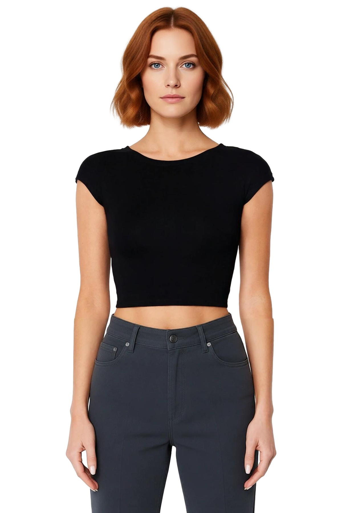 Bisiklet Yaka Fitted Crop Örme Bluz Viskon Ribana Yazlık Profesyonel Görünüm Özel Tasarım